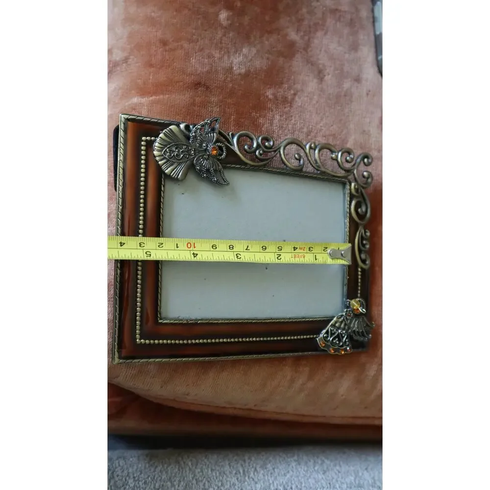 Vintage 90s Y2K Silver Pewter Angel Picture Frame Photo Ornate Brown Enamel 3x5
